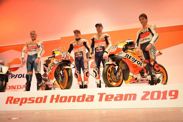 MotoGP Repsol Honda Team Presentation Campus Repsol Madrid Spain January 23 2019 Former Repsol riders Mick Doohan L and Alex Criville R with Repsol s Marc Marquez and Jorge Lorenzo during the presentation Cordon Press  xx xx