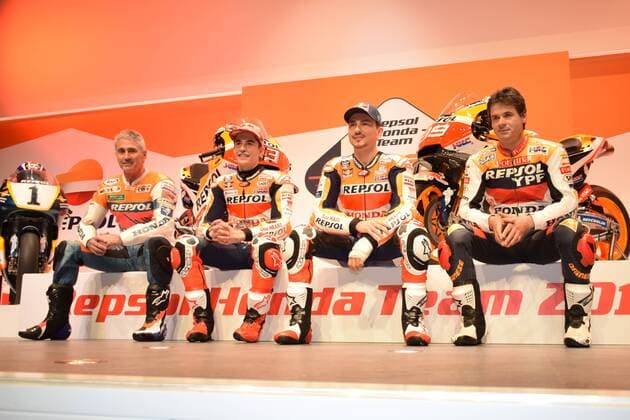 MotoGP Repsol Honda Team Presentation Campus Repsol Madrid Spain January 23 2019 Former Repsol riders Mick Doohan L and Alex Criville R with Repsol s Marc Marquez and Jorge Lorenzo during the presentation Cordon Press  xx xx