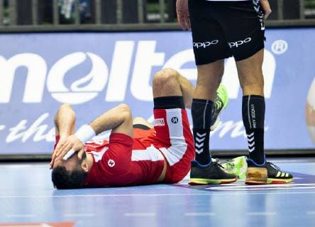 Mohamed Soussi of Tunisia on the floor during the men s IHF Handball World Championship Main Round Group 2 match between Tunisia and Egypt in Herning Denmark Wednesday Jan 23 2019 Herning Jylland Denmark,  Copyright: HenningxBagger HenningxBaggerx COP103 spdk20190123-161455-L