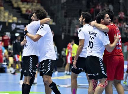 The players of Egypt celebrate the victory in the men s IHF Handball World Championship Main Round Group 2 match between Tunisia and Egypt in Herning Denmark Wednesday Jan 23 2019 Herning Jylland Denmark,  Copyright: HenningxBagger HenningxBaggerx COP103 spdk20190123-170249-L