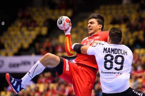 190123 Yousef Maaref of Tunisia and Mohamed Shebib of Egypt during the IHF World Handball Championship match between Tunisia and Egypt on January 23 2019 in Herning Photo Petter Arvidson BILDBYRAN kod PA 92211,  Copyright: PETTERxARVIDSON BB190123PA003