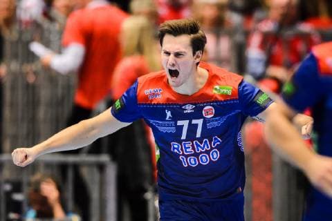 190123 Magnus Abelvik R¿d of Norway celebrates during the IHF World Handball Championship match between Norway and Hungary on January 23 2019 in Herning Photo Petter Arvidson BILDBYR u0081N kod PA 92212,  Copyright: PETTERxARVIDSON BB190123PA008