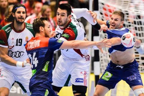 190123 Christian O Sullivan and Bjarte Myrhol of Norway in a duel with Laszlo Nagy and Bence Banhidi of Hungary during the IHF World Handball Championship match between Norway and Hungary on January 23 2019 in Herning Photo Petter Arvidson BILDBYR u0081N kod PA 92212,  Copyright: PETTERxARVIDSON BB190123PA014