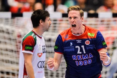 190123 Magnus Gullerud of Norway celebrates during the IHF World Handball Championship match between Norway and Hungary on January 23 2019 in Herning Photo Petter Arvidson BILDBYR u0081N kod PA 92212,  Copyright: PETTERxARVIDSON BB190123PA017