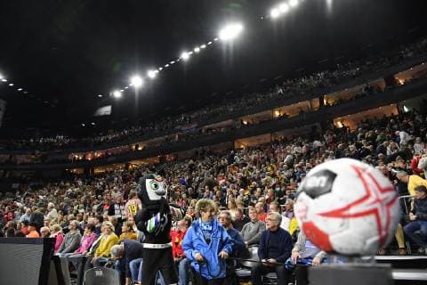 GER IHF WM 2019 France FRA vs Croatia CRO 23 01 2019 Lanxess Arena Cologne GER IHF WM 2019 France FRA vs Croatia CRO in picture picture shows backdrop with match ball nordphotox xMeuter nph00351