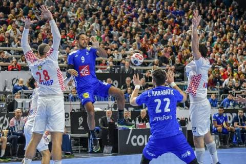 GER IHF WM 2019 France FRA vs Croatia CRO 23 01 2019 Lanxess Arena Cologne GER IHF WM 2019 France FRA vs Croatia CRO in picture picture shows Melvyn Richardson FRA 9 Luka KarabatiÄ‡ FRA 22 Zeljko Musa CRO 28 nordphotox xMeuter nph00351