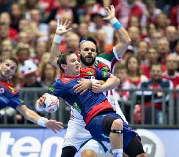 Adrian Sipos of Hungary stops Sander Sagosen of Norway during the men s IHF Handball World Championship Main Round Group 2 match between Norway and Hungary in Herning Denmark Wednesday Jan 23 2019 Herning Jylland Denmark,  Copyright: HenningxBagger HenningxBaggerx COP104 spdk20190123-184826-L