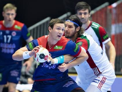 Sander Sagosen of Norway against Laszio Nagy of Hungary during the men s IHF Handball World Championship Main Round Group 2 match between Norway and Hungary in Herning Denmark Wednesday Jan 23 2019 Herning Jylland Denmark,  Copyright: HenningxBagger HenningxBaggerx COP104 spdk20190123-184905-L