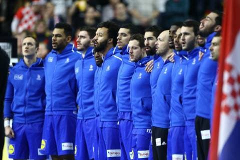 the French team at the National Anthem France vs. Croatia IHF Men Handball World Championship 23 01 2019 Photographer Neis Eibner France vs. Croatia IHF Men Handball World Championship 23 01 2019 Cologne Copyright: xEIBNER Alexander_Neisx EP_ANS