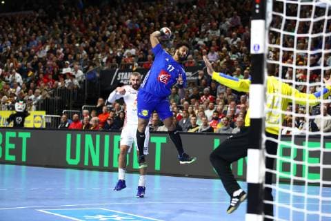 Timothey N Guessan France throwing against Marim Sego Croatia France vs. Croatia IHF Men Handball World Championship 23 01 2019 Photographer Neis Eibner France vs. Croatia IHF Men Handball World Championship 23 01 2019 Cologne Copyright: xEIBNER Alexander_Neisx EP_ANS