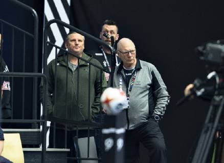 Coach Nikolaj Jakobsen of Denmark is seen in the background watching during the men s IHF Handball World Championship Main Round Group 2 match between Norway and Hungary in Herning Denmark Wednesday Jan 23 2019 Herning Jylland Denmark,  Copyright: HenningxBagger HenningxBaggerx COP104 spdk20190123-191321-L