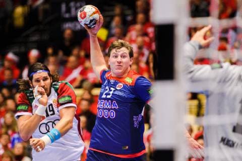 190123 Laszlo Nagy of Hungary and G¿ran Johannessen of Norway during the IHF World Handball Championship match between Norway and Hungary on January 23 2019 in Herning Photo Petter Arvidson BILDBYR u0081N kod PA 92212,  Copyright: PETTERxARVIDSON BB190123PA035