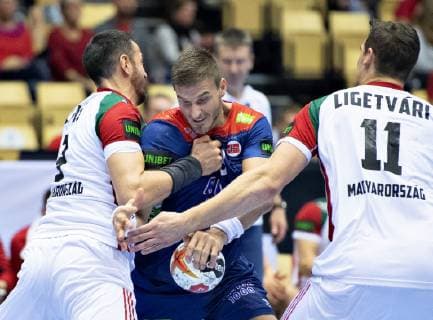 Bjarte Myrhol of Norway is stopped during the men s IHF Handball World Championship Main Round Group 2 match between Norway and Hungary in Herning Denmark Wednesday Jan 23 2019 Herning Jylland Denmark,  Copyright: HenningxBagger HenningxBaggerx COP104 spdk20190123-193610-L