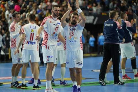 GER IHF WM 2019 France FRA vs Croatia CRO 23 01 2019 Lanxess Arena Cologne GER IHF WM 2019 France FRA vs Croatia CRO picture shows the Croats are happy about the victory and say goodbye Jakov VrankoviÄ‡ CRO 47 nordphotox xMeuter nph00351
