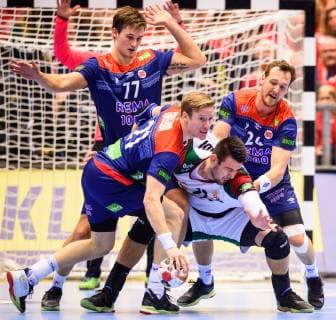190123 Bence Banhidi of Hungary in action with Magnus Abelvik Rod Magnus Gullerud and Christian O Sullivan of Norway during the IHF World Handball Championship match between Norway and Hungary on January 23 2019 in Herning Photo Petter Arvidson BILDBYRAN kod PA 92212,  Copyright: PETTERxARVIDSON BB190123PA045