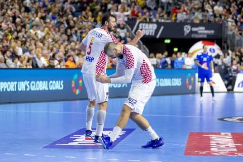 Domagoj Duvnjak No 5 Croatia and Zeljko Musa No 28 Croatia are happy to cheer France vs. Croatia Main Round Handball IHF Handball World Championship 23 01 19 Cologne North Rhine-Westphalia Germany Lanxess Arena Copyright: xAgentur54Gradx xFelixxKoenigx
