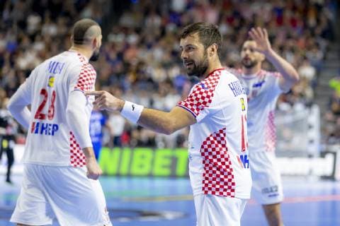 Zeljko Musa Nr 28 Croatia Zlatko Horvat Nr 13 Croatia and Jakov Vrankovic Nr 47 Croatia cheer France vs. Croatia Main Round Handball IHF Handball World Championship 23 01 19 Cologne North Rhine-Westphalia Germany Lanxess Arena Copyright: xAgentur54Gradx xFelixxKoenigx