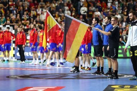 the flags of both countries Germany vs Spain IHF Men Handball World Championship 23 01 2019 photographer Neis Eibner Germany vs Spain IHF Men Handball World Championship 23 01 2019 Cologne Copyright: xEIBNER Alexander_Neisx EP_ANS