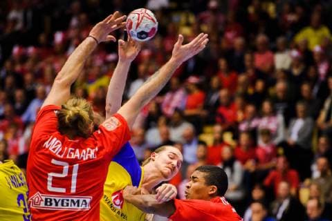 190123 Lukas Nilsson of Sweden in a duel with Mads Mensah of Denmark during the IHF World Handball Championship match between Denmark and Sweden on January 23 2019 in Herning Photo Petter Arvidson BILDBYR u0081N kod PA 92213,  Copyright: PETTERxARVIDSON BB190123PA068
