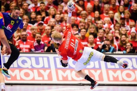 190123 Anders Zachariassen of Denmark and goalkeeper Andreas Palicka of Sweden during the IHF World Handball Championship match between Denmark and Sweden on January 23 2019 in Herning Photo Petter Arvidson BILDBYR u0081N kod PA 92213,  Copyright: PETTERxARVIDSON BB190123PA069