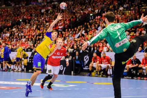 190123 Jerry Tollbring of Sweden scores behind Goalkeeper Niklas Landin of Denmark during the IHF World Handball Championship match between Denmark and Sweden on January 23 2019 in Herning Photo Petter Arvidson BILDBYR u0081N kod PA 92213,  Copyright: PETTERxARVIDSON BB190123PA070