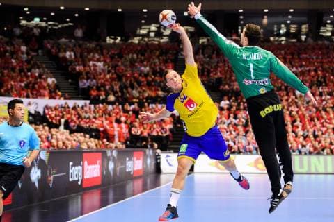 190123 Mattias Zachrisson of Sweden and Goalkeeper Niklas Landin of Denmark during the IHF World Handball Championship match between Denmark and Sweden on January 23 2019 in Herning Photo Petter Arvidson BILDBYR u0081N kod PA 92213,  Copyright: PETTERxARVIDSON BB190123PA074