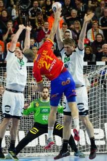 GER IHF WM 2019 Germany GER vs Spain ESP 23 01 2019 Lanxess Arena Cologne GER IHF WM 2019 Germany GER vs Spain ESP picture shows Andreas Wolff Goalkeeper GER 33 vs Joan Canellas ESP 21 nordphotox xMeuter nph00351