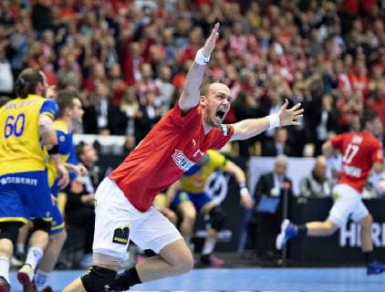 Henrik Toft Hansen of Denmark celebrates during the mens World Championship Championship Round Round 2 match between Denmark and Sweden in Herning Denmark Wednesday Jan 23 2019 Herning Jutland Denmark,  Copyright: HenningxBagger HenningxBaggerx COP105 spdk20190123-210745-L