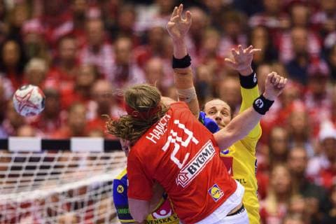 190123 Kim Ekdahl du Rietz of Sweden and Mikkel Hansen of Denmark during the IHF World Handball Championship match between Denmark and Sweden on January 23 2019 in Herning Photo Petter Arvidson BILDBYRAN code PA 92213,  Copyright: PETTERxARVIDSON BB190123PA084