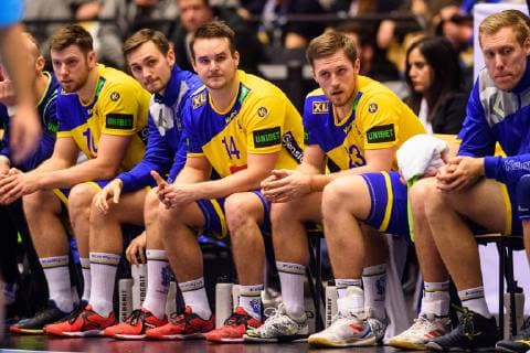 190123 Niclas Ekberg Hampus Wanne Jesper Konradsson and Albin Lagergren looks dejected during the IHF World Handball Championship match between Denmark and Sweden on January 23 2019 in Herning Photo Petter Arvidson BILDBYRAN code PA 92213,  Copyright: PETTERxARVIDSON BB190123PA088