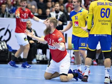 Nikolaj OEris Nielsen of Denmark appeals during the men s IHF Handball World Championship Main Round Group 2 match between Denmark and Sweden in Herning Denmark Wednesday Jan 23 2019 Herning Jylland Denmark,  Copyright: HenningxBagger HenningxBaggerx COP105 spdk20190123-211318-L