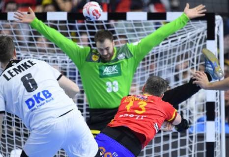 Julen Aguinagalde Akizu 13 ESP meets goalkeeper Andreas Wolf 33 GER Main round Germany Spain in Cologne Germany on 23 01 2019 IHF Mens Handball World Championship in Germany and Denmark 2019