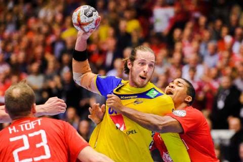190123 Kim Ekdahl du Rietz of Sweden in a duel with Mads Mensah of Denmark during the IHF World Handball Championship match between Denmark and Sweden on January 23 2019 in Herning Photo Petter Arvidson BILDBYR u0081N kod PA 92213,  Copyright: PETTERxARVIDSON BB190123PA089