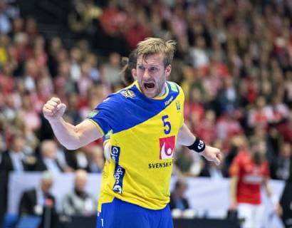 Max Darj of Sweden celebrates during the men s IHF Handball World Championship Main Round Group 2 match between Denmark and Sweden in Herning Denmark Wednesday Jan 23 2019 Herning Jylland Denmark,  Copyright: HenningxBagger HenningxBaggerx COP105 spdk20190123-211647-L