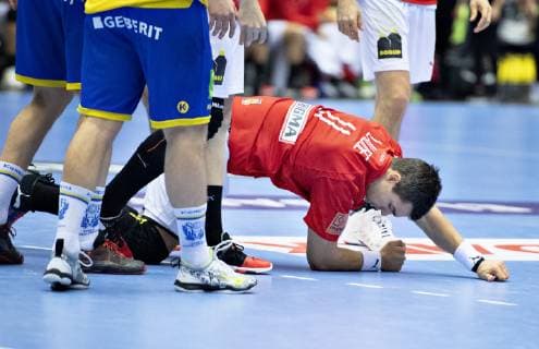 Rasmus Lauge of Denmark in difficulties during the men s IHF Handball World Championship Main Round Group 2 match between Denmark and Sweden in Herning Denmark Wednesday Jan 23 2019 Herning Jylland Denmark,  Copyright: HenningxBagger HenningxBaggerx COP105 spdk20190123-212022-L