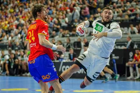 GER IHF WM 2019 Germany GER vs. Spain ESP 23 01 2019 Lanxess Arena Cologne GER IHF WM 2019 Germany GER vs. Spain ESP picture shows Jannik Kohlbacher GER 48 in duel against Viran Morros ESP 24 nordphotox xMeuter nph00351