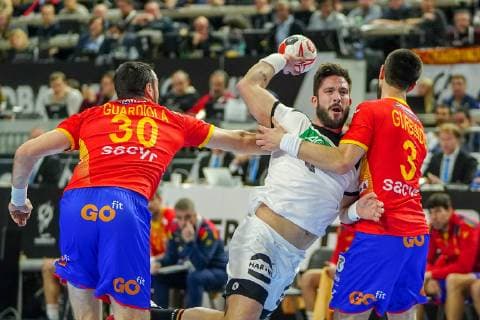 GER IHF WM 2019 Germany GER vs Spain ESP 23 01 2019 Lanxess Arena Koeln GER IHF WM 2019 Germany GER vs Spain ESP picture shows Tim Suton GER 8 in duel against Gedeon Guardiola ESP 30 Eduardo Gurbindo ESP 3 nordphotox xMeuter nph00351