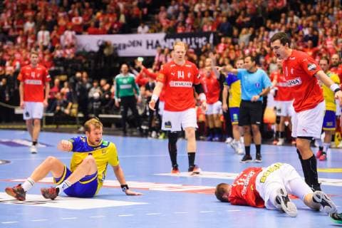 190123 Max Darj of Sweden and Nikolaj R B Markussen of Denmark after a collision during the IHF World Handball Championship match between Denmark and Sweden on January 23 2019 in Herning Photo Petter Arvidson BILDBYR u0081N kod PA 92213,  Copyright: PETTERxARVIDSON BB190123PA097