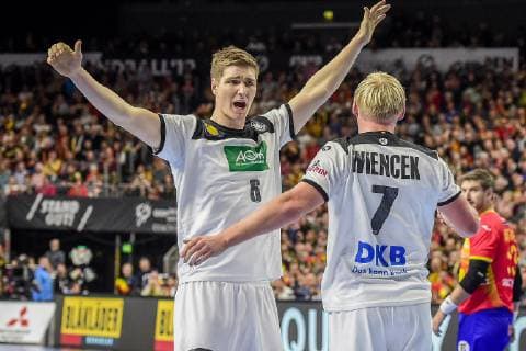 Cologne Germany 23 01 2019 IHF Handball WM 2019 Main Round Germany Spain Finn Lemke GER Patrick Wiencek GER cheers DeFodi520