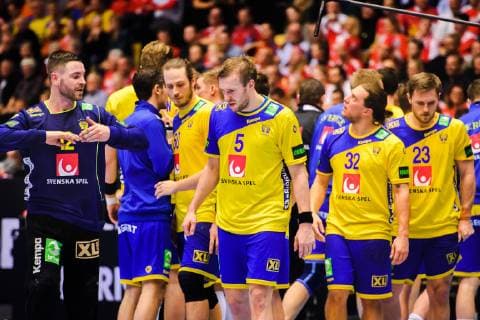 190123 Goalkeeper Andreas Palicka Max Darj Mattias Zachrisson and Albin Lagergren of Sweden looks at the IHF World Handball Championship match between Denmark and Sweden on January 23 2019 in Herning Photo Petter Arvidson BILDBYR N code PA 92213,  Copyright: PETTERxARVIDSON BB190123PA108