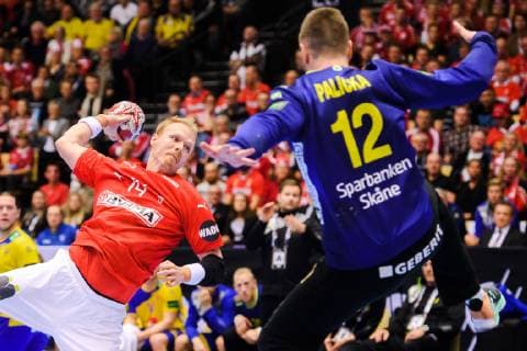 190123 Anders Zachariassen of Denmark and goalkeeper Andreas Palicka of Sweden during the IHF World Handball Championship match between Denmark and Sweden on January 23 2019 in Herning Photo Petter Arvidson BILDBYR u0081N kod PA 92213,  Copyright: PETTERxARVIDSON BB190123PA110