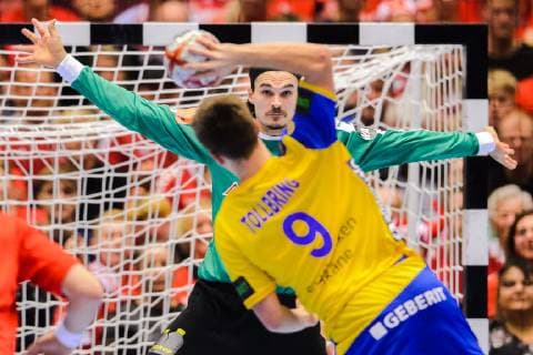 190123 Goalkeeper Jannick Green of Denmark and Jerry Tollbring of Sweden during the IHF World Handball Championship match between Denmark and Sweden on January 23 2019 in Herning Photo Petter Arvidson BILDBYR u0081N kod PA 92213,  Copyright: PETTERxARVIDSON BB190123PA113