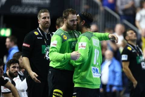 Andreas Wolf Germany embraces Silvio Heinevetter Germany Germany vs Spain IHF Men Handball World Championship 23 01 2019 Photographer Neis Eibner Germany vs Spain IHF Women Handball World Championship 23 01 2019 Cologne Copyright: xEIBNER Alexander_Neisx EP_ANS