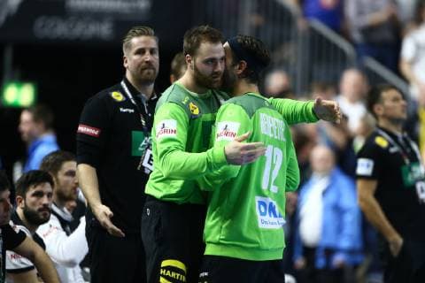 Andreas Wolf Germany embraces Silvio Heinevetter Germany Germany vs Spain IHF Men Handball World Championship 23 01 2019 Photographer Neis Eibner Germany vs Spain IHF Women Handball World Championship 23 01 2019 Cologne Copyright: xEIBNER Alexander_Neisx EP_ANS