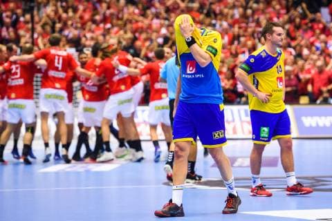 190123 Max Darj and Jesper Konradsson of Sweden looks dejected after the IHF World Handball Championship match between Denmark and Sweden on January 23 2019 in Herning Photo Petter Arvidson BILDBYR u0081N kod PA 92213,  Copyright: PETTERxARVIDSON BB190123PA120