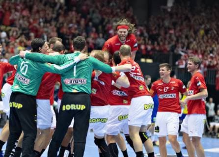 Denmark celebrates the victory in the men s IHF Handball World Championship Main Round Group 2 match between Denmark and Sweden in Herning Denmark Wednesday Jan 23 2019 Herning Jylland Denmark,  Copyright: HenningxBagger HenningxBaggerx COP105 spdk20190123-220303-L