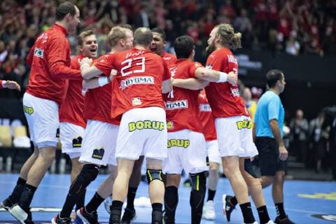 Denmark celebrates the victory in the men s IHF Handball World Championship Main Round Group 2 match between Denmark and Sweden in Herning Denmark Wednesday Jan 23 2019 Herning Jylland Denmark,  Copyright: HenningxBagger HenningxBaggerx COP105 spdk20190123-220413-L