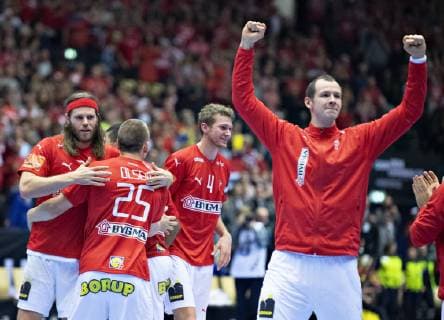 Denmark celebrates the victory in the men s IHF Handball World Championship Main Round Group 2 match between Denmark and Sweden in Herning Denmark Wednesday Jan 23 2019 Herning Jylland Denmark,  Copyright: HenningxBagger HenningxBaggerx COP105 spdk20190123-220438-L