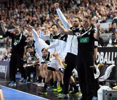 Handball World Championship 2019 Main round in Cologne Germany Spain 23 01 2019 Jubel Deutsche Teambank Front Coach Christian Prokop Behind Andreas Wolf HM