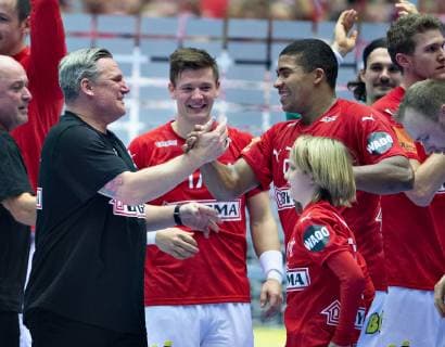 Denmark celebrates the victory in the men s IHF Handball World Championship Main Round Group 2 match between Denmark and Sweden in Herning Denmark Wednesday Jan 23 2019 Herning Jylland Denmark,  Copyright: HenningxBagger HenningxBaggerx COP105 spdk20190123-220645-L